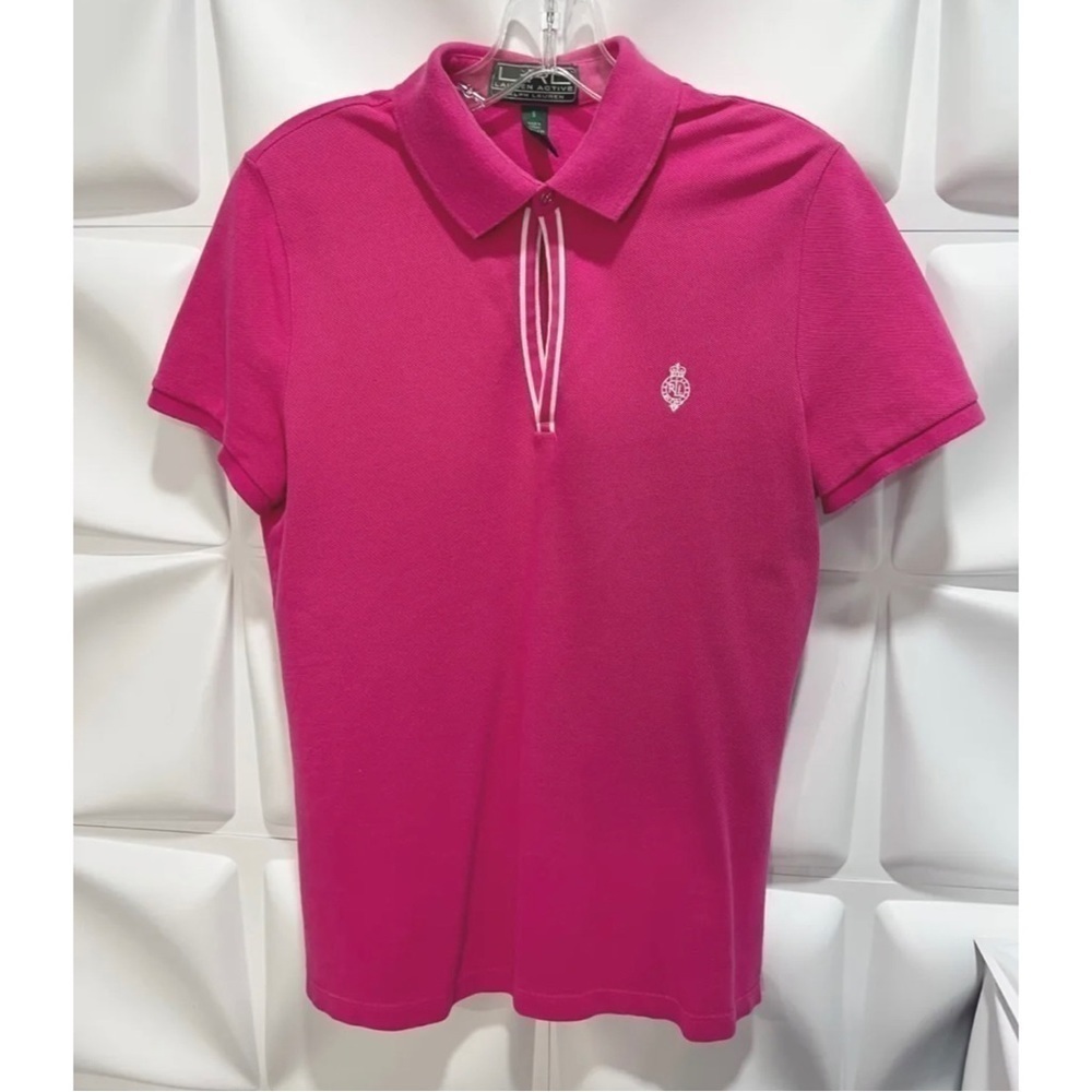 L-RL Lauren Ralph Lauren Active Women Sz S Pink Keyhole Polo Golf Top Crest Logo